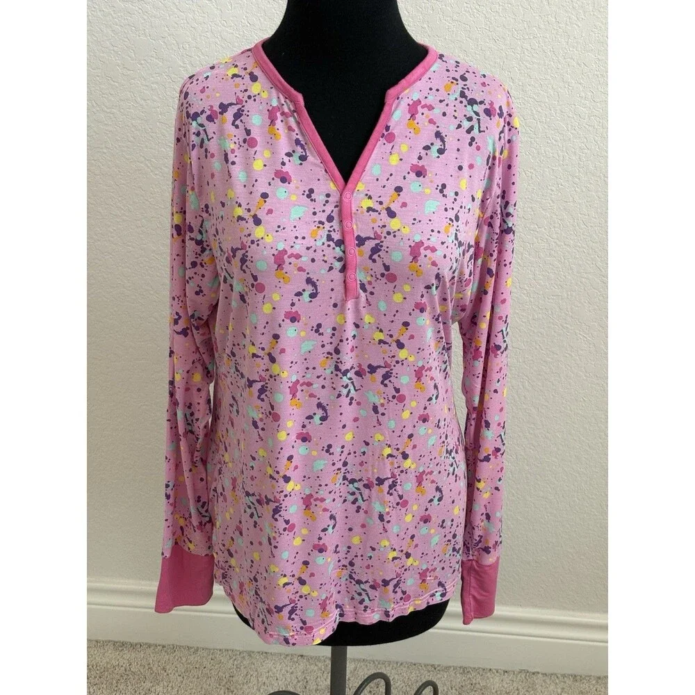 Little Sleepies Pink Paint Party Long Sleeve Bamboo Pajama Top Womens M Cozycore